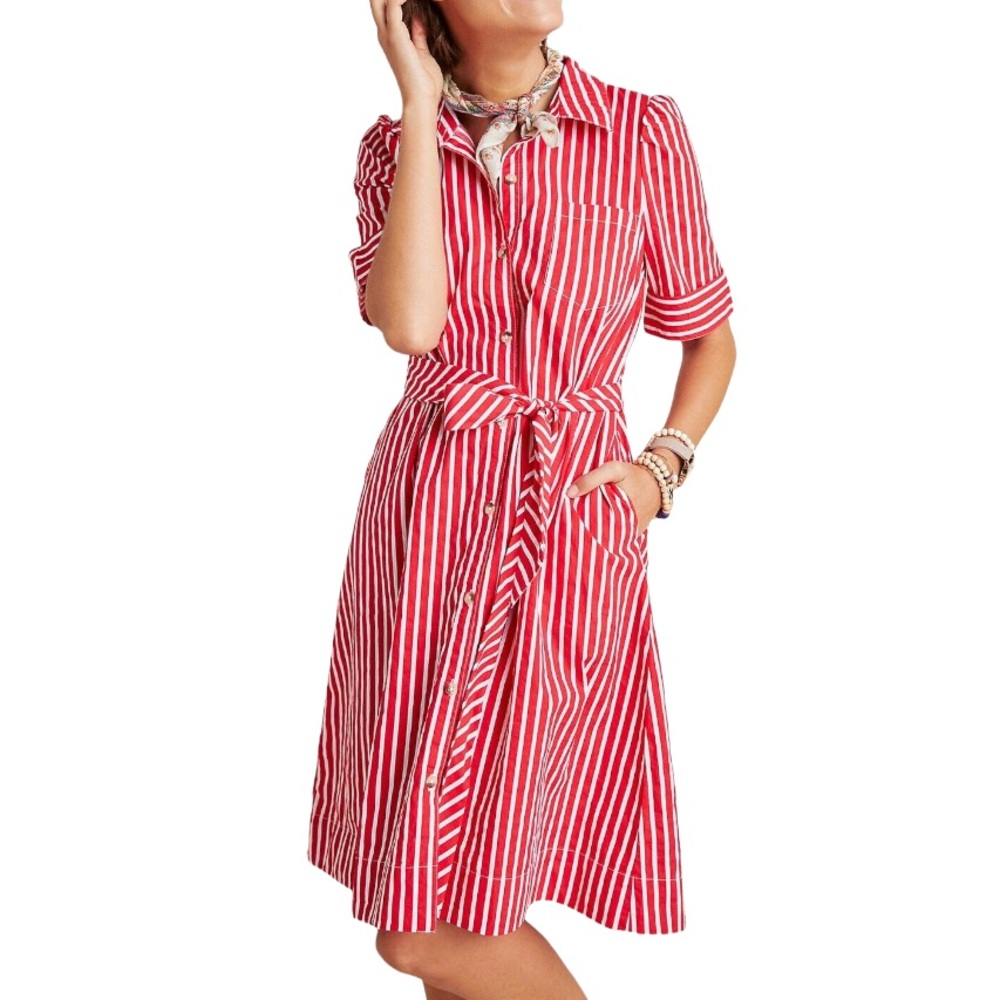 Anthropologie Red and White Tie Front Midi Dress